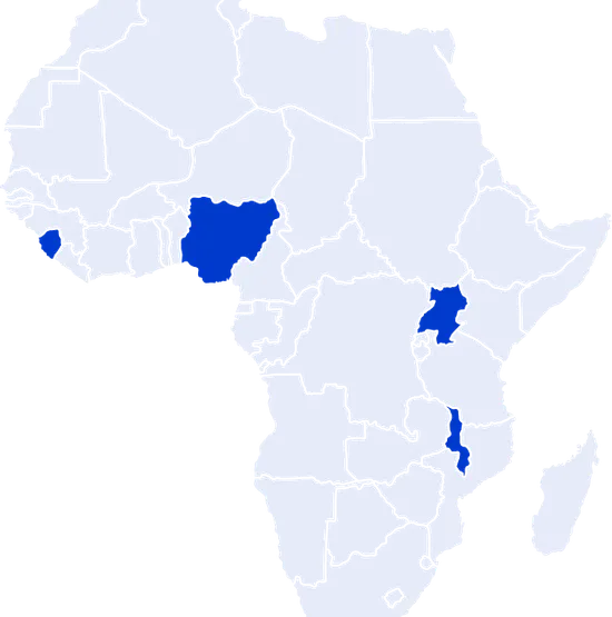 Map of Africa highlighting Nigeria, Uganda, Malawi, and Sierra Leone